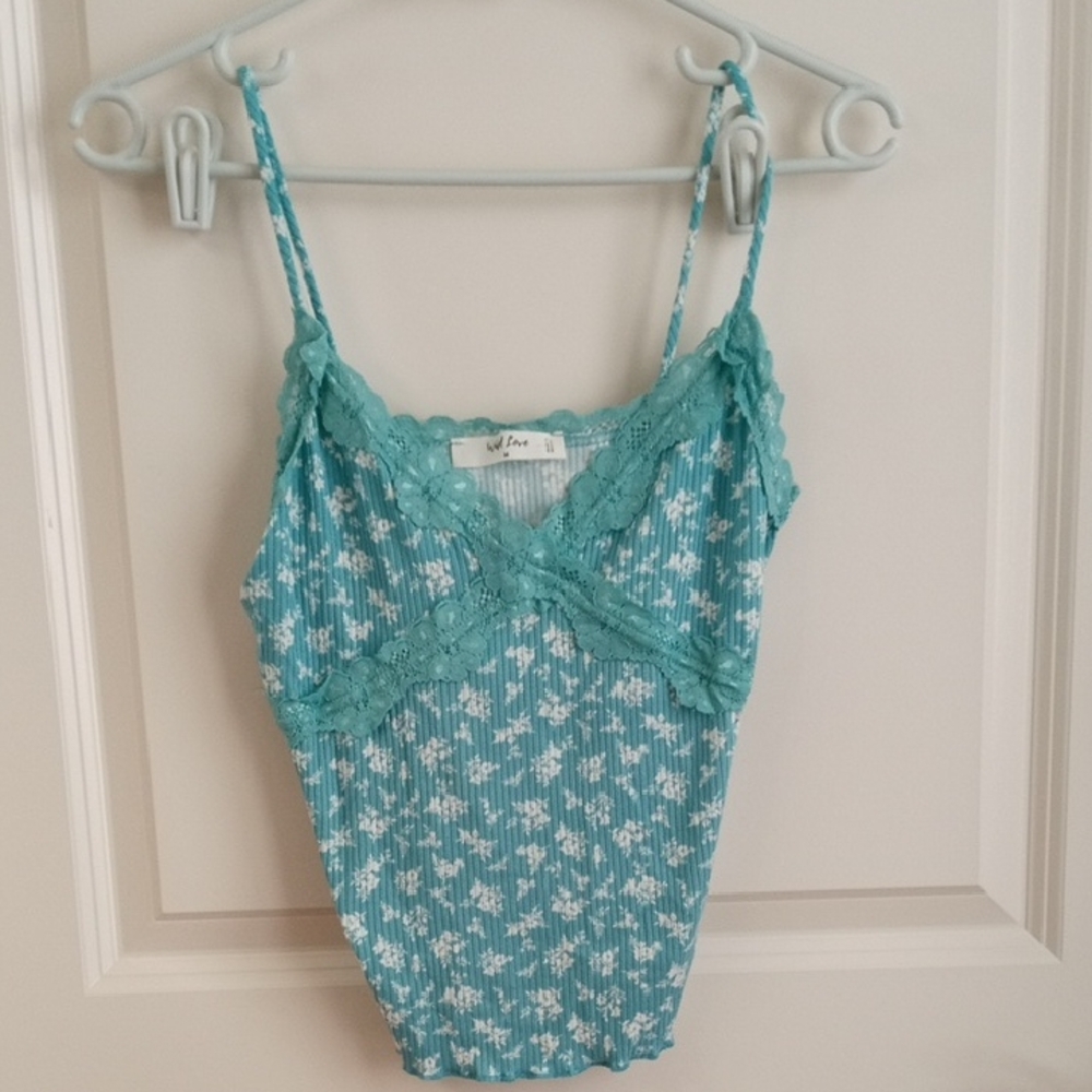 Wild Love Floral Lace Trim Camisole - Blue Size Medium